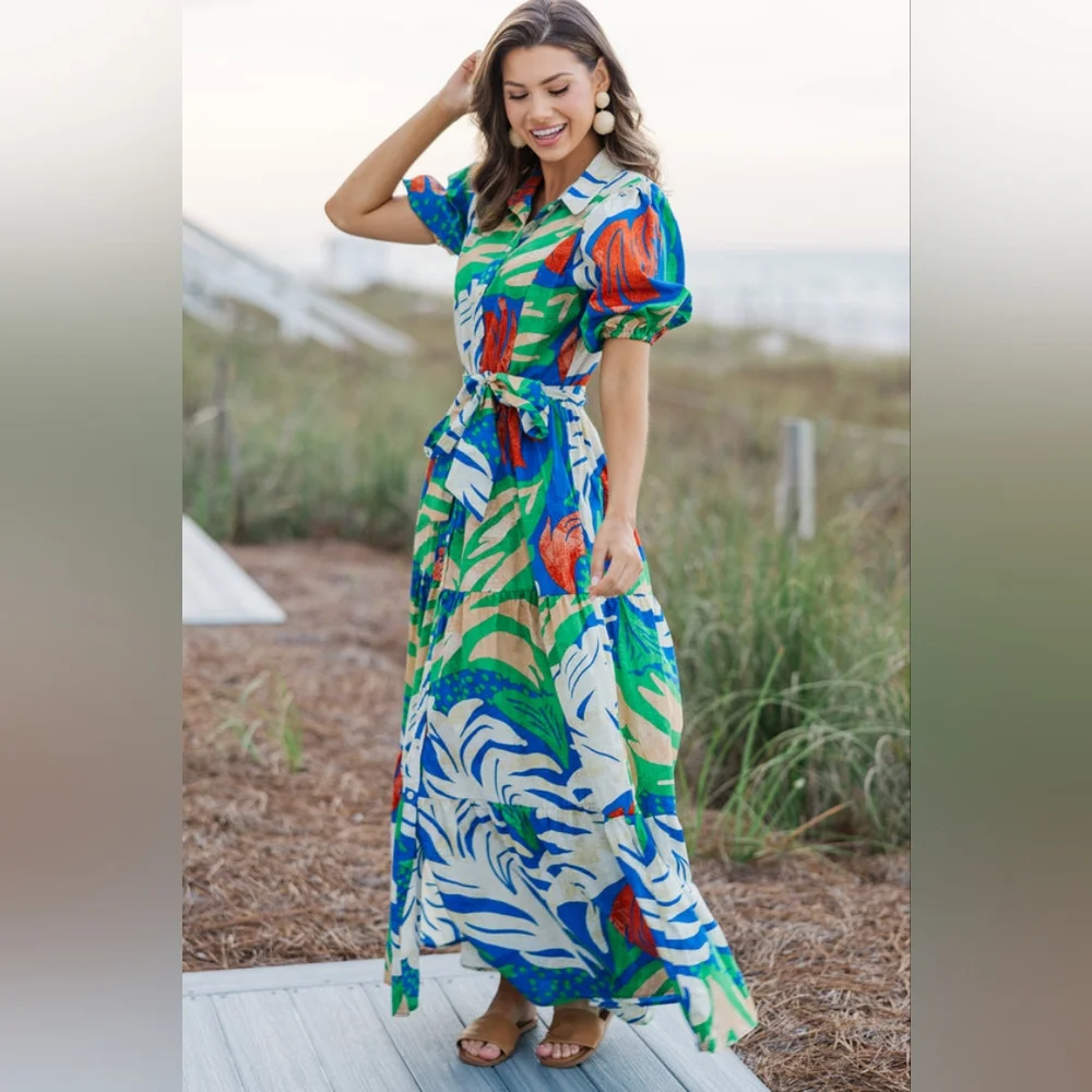 Flying Tomato Vibrant Leaf Print Maxi Dress 100% Cotton Size Large. - Picture 3 of 14